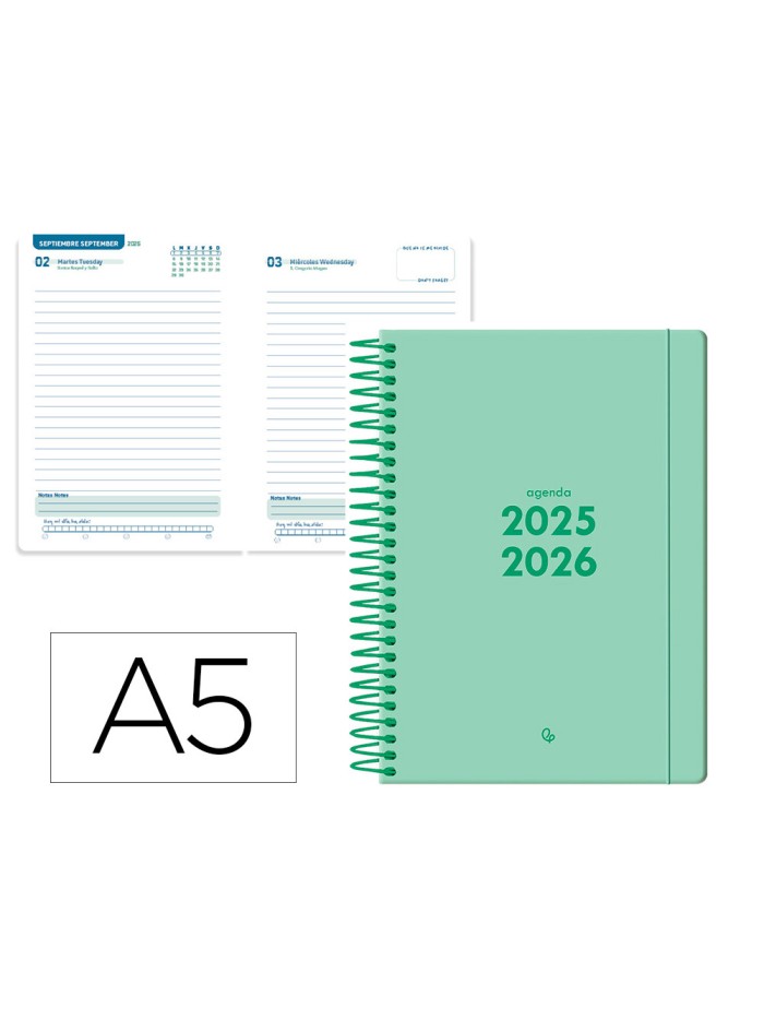 Agenda escolar liderpapel 25-26 espiral basic verde menta dia pagina a5 bilingüe papel fsc 70 gr