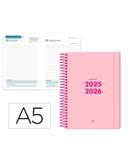 Agenda escolar liderpapel 25-26 espiral basic rosa dia pagina a5 bilingüe papel fsc 70 gr