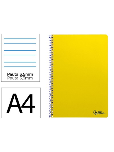 Cuaderno espiral liderpapel a4 smart tapa blanda 80h 75gr pauta 3,5mm con margen color amarillo