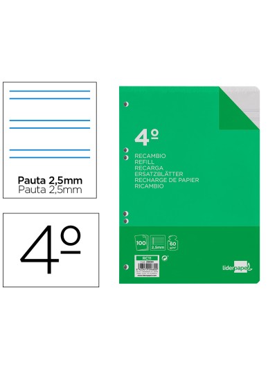 Recambio liderpapel cuarto 100 hojas 60g/m2 pauta 5ª 2.5mm con margen 6 taladros