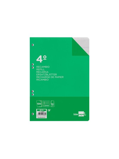 Recambio liderpapel cuarto 100 hojas 60g/m2 pauta 5ª 2.5mm con margen 6 taladros