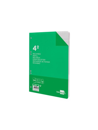 Recambio liderpapel cuarto 100 hojas 60g/m2 pauta 5ª 2.5mm con margen 6 taladros