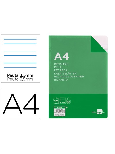 Recambio liderpapel a4 100 hojas 60g/m2 pauta 4ª 3.5mm con margen 4 taladros
