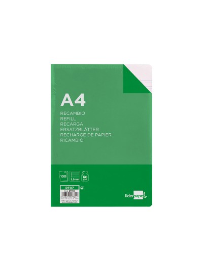 Recambio liderpapel a4 100 hojas 60g/m2 pauta 4ª 3.5mm con margen 4 taladros
