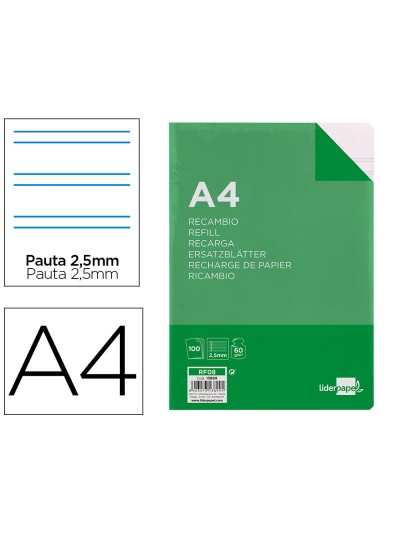 Recambio liderpapel a4 100 hojas 60g/m2 pauta 5ª 2.5mm con margen 4 taladros