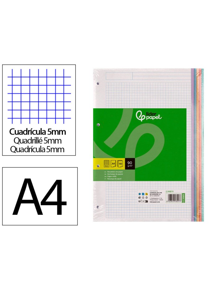 Recambio liderpapel a4 120 hojas 90gr cuadro 5 mm 4 taladros bandas de 5 colores pasteles Recambio liderpapel a4 120 hojas 90gr cuadro 5 mm 4 taladros bandas de 5 colores pasteles