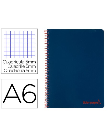 Cuaderno espiral liderpapel a6 micro wonder tapa plastico 120h 90 gr cuadro 5mm 4 bandas color azul marino