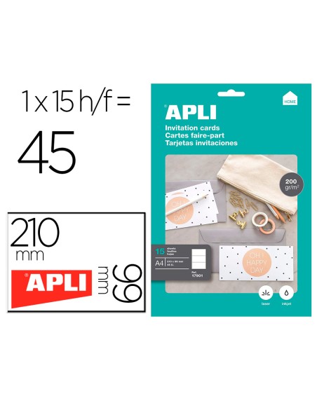 Tarjeta de visita apli invitacion hogar 210x99 mm 200 gr blanca bolsa de 15 hojas din a4