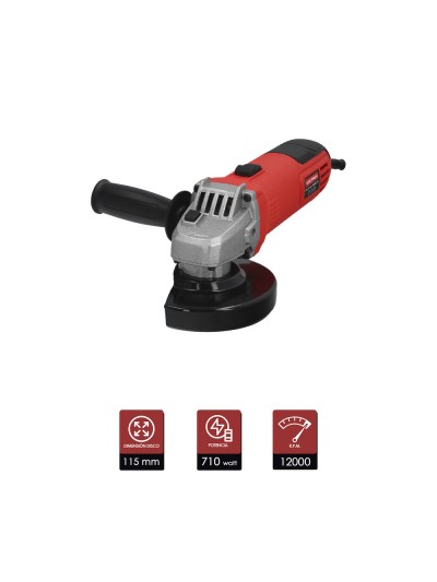 Amoladora Angular 710 Watt. Disco Ø 115 mm. 11.000 R.P.M. Mango 2 Posiciones Eje M14 Protector Disco Ajustable