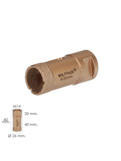 Corona Diamante Para Amoladora Ø 26 mm. Conexión Rosca M14. Corte Seco