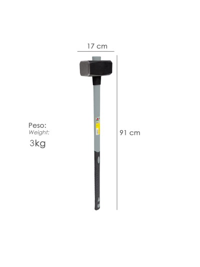 Maza Con Mango Fibra Vidrio 3 Kg. Cabeza Forjada, Con Anillo Anti Vibración, Maza / Porro