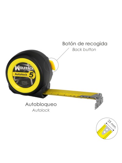 Flexometro Sistema Autolock Con Freno Automatico Longitud 5 Metros Ancho Cinta 25 mm. Magnetico. Cinta Metrica Freno Automatico