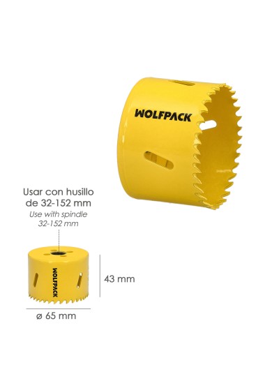 Corona Sierra Bimetal Ø 65 mm. Templado Termico, Base Reforzada. Corona Madera, Broca Agujeros Madera, Acero, Hierro, Plasticos