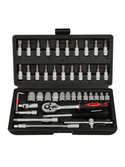 Juego Llaves De Vaso y Puntas 1/4" 46 Pzs. Con Apadtador. Cromo Vanadio, Kit Llave Combinada, Kit Carraca,