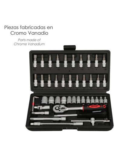 Juego Llaves De Vaso y Puntas 1/4" 46 Pzs. Con Apadtador. Cromo Vanadio, Kit Llave Combinada, Kit Carraca,