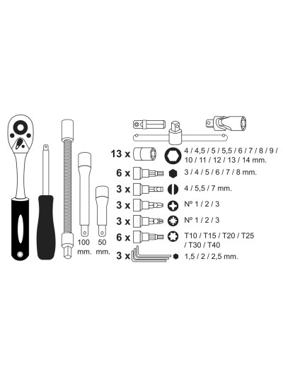 Juego Llaves De Vaso y Puntas 1/4" 46 Pzs. Con Apadtador. Cromo Vanadio, Kit Llave Combinada, Kit Carraca,