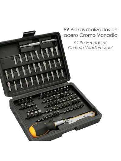 Juego Puntas con Destornillador 1/4" 99 Pzs. Con Apadtador. Cromo Vanadio, Kit Llave Combinada, Kit Carraca,