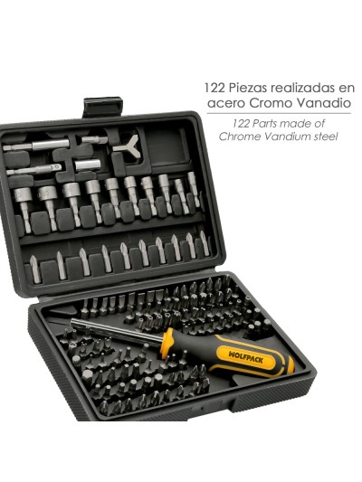 Juego Puntas con Destornillador 1/4" 122 Pzs. Con Apadtador. Cromo Vanadio, Kit Llave Combinada, Kit Carraca,