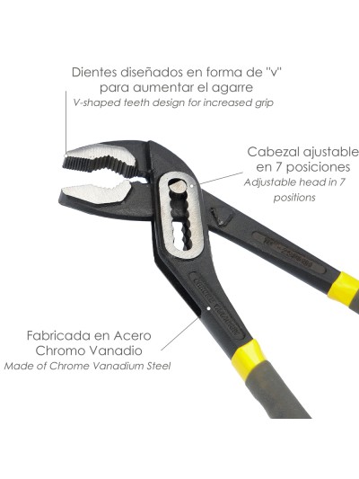 Tenazas Apertura Múltiple Negra 250 mm. Mangos Plastificados DIN 8976. Pico De Loro, Alicates Extensibles, Tenazas Fontanero
