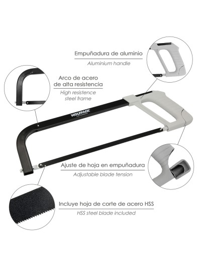Arco Sierra Acero Con Empuñadura de Aluminio Angulo Corte Ajustable. Corta Acero, Aluminio, Madera, Plastico, Cobre