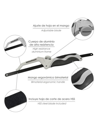 Mini Sierra Empuñadura Aluminio Con Hoja 300 mm. Ajustable, Hoja Corte HSS, Serrucho, Segueta, Segueta, Mini Arco Sierra