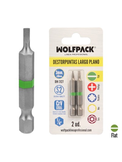Puntas Destornillador Largo Plano 3 mm. (2 Piezas). Acero S2 al Cromo Vanadio. Puntas Hexagonales, Destorpuntas,