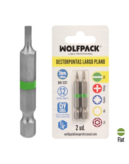 Puntas Destornillador Largo Plano 3 mm. (2 Piezas). Acero S2 al Cromo Vanadio. Puntas Hexagonales, Destorpuntas,