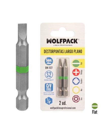 Puntas Destornillador Largo Plano 5 mm. (2 Piezas). Acero S2 al Cromo Vanadio. Puntas Hexagonales, Destorpuntas,