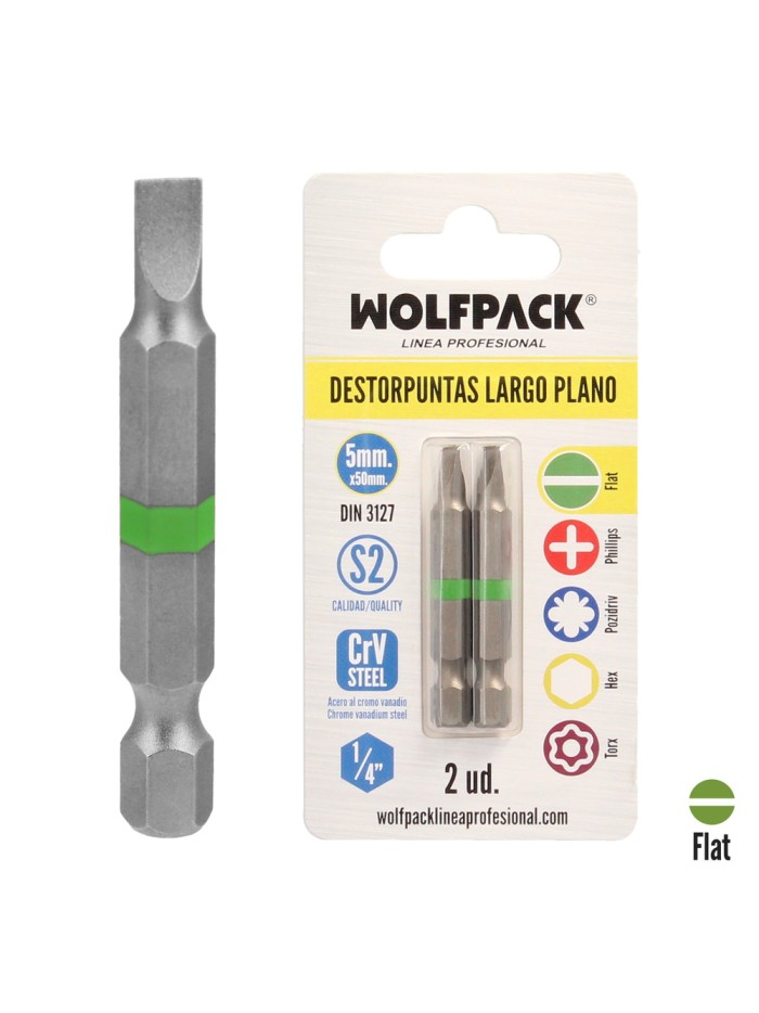 Puntas Destornillador Largo Plano 5 mm. (2 Piezas). Acero S2 al Cromo Vanadio. Puntas Hexagonales, Destorpuntas,