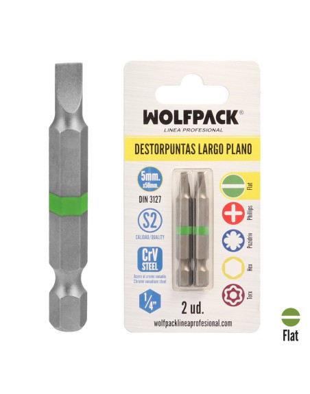 Puntas Destornillador Largo Plano 5 mm. (2 Piezas). Acero S2 al Cromo Vanadio. Puntas Hexagonales, Destorpuntas,