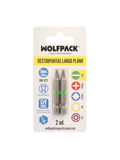 Puntas Destornillador Largo Plano 5 mm. (2 Piezas). Acero S2 al Cromo Vanadio. Puntas Hexagonales, Destorpuntas,