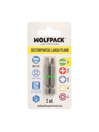 Puntas Destornillador Largo Plano 6 mm. (2 Piezas). Acero S2 al Cromo Vanadio. Puntas Hexagonales, Destorpuntas,
