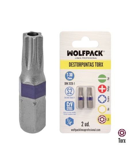 Puntas Destornillador Torx 30 Inviolable (2 Piezas). Acero S2 al Cromo Vanadio. Puntas Hexagonales, Destorpuntas,