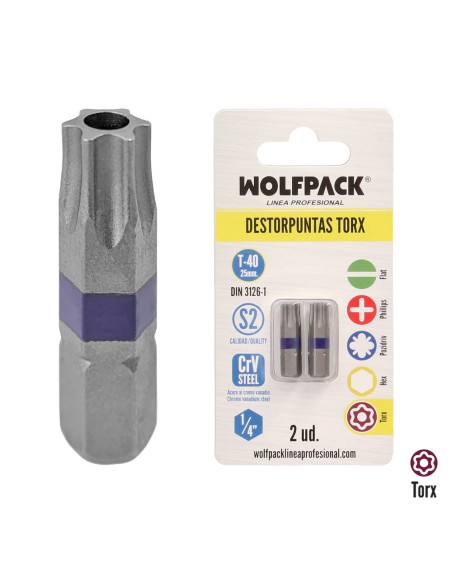 Puntas Destornillador Torx 40 Inviolable (2 Piezas). Acero S2 al Cromo Vanadio. Puntas Hexagonales, Destorpuntas,