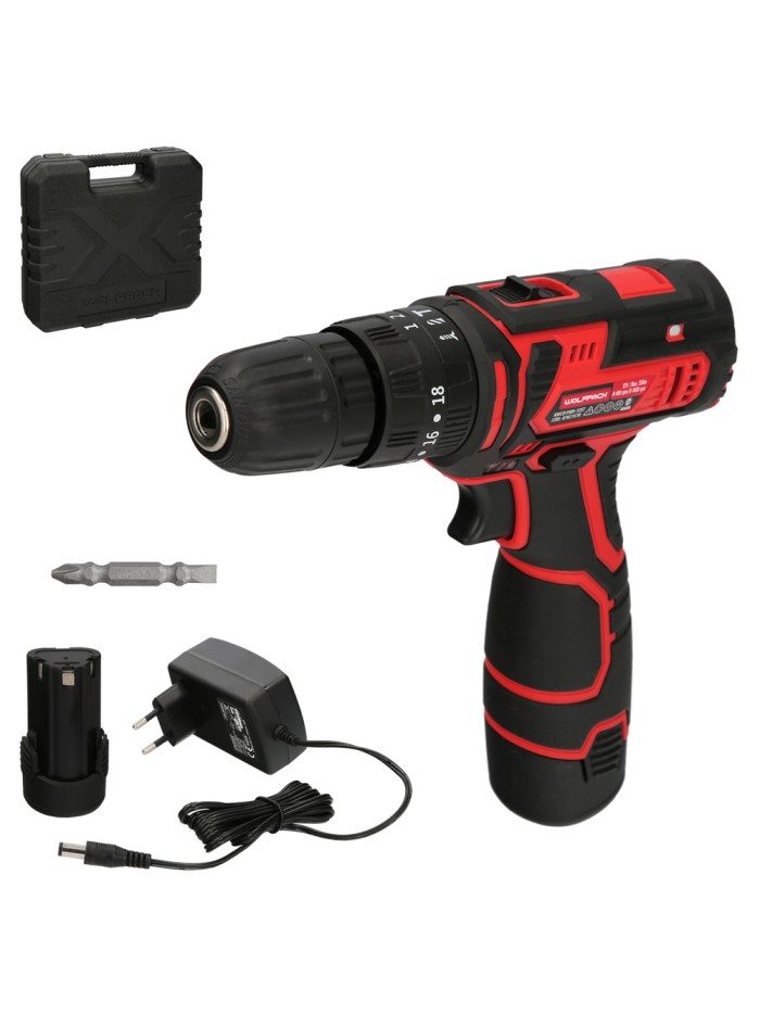 Taladro Atornillador 12 V. Con 2 Velocidades y Percutor. Bateria 1.300 mAh. Par Apriete 35 Nm.