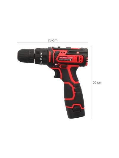 Taladro Atornillador 12 V. Con 2 Velocidades y Percutor. Bateria 1.300 mAh. Par Apriete 35 Nm.