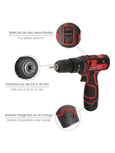 Taladro Atornillador 12 V. Con 2 Velocidades y Percutor. Bateria 1.300 mAh. Par Apriete 35 Nm.