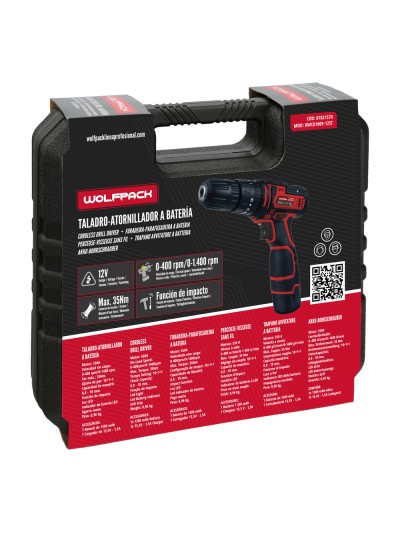 Taladro Atornillador 12 V. Con 2 Velocidades y Percutor. Bateria 1.300 mAh. Par Apriete 35 Nm.