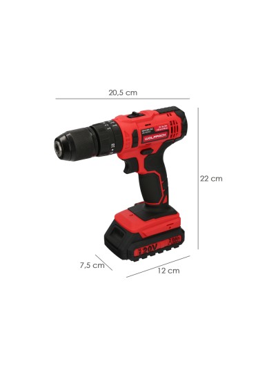 Taladro Atornillador 20 V. Con 2 Velocidades y Percutor. Bateria 2 Ah. Par Apriete 35 Nm.
