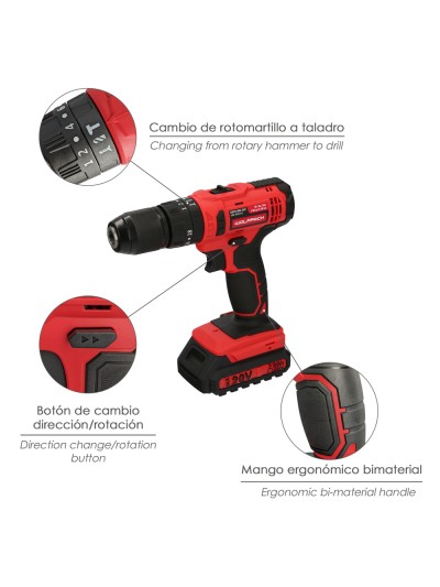 Taladro Atornillador 20 V. Con 2 Velocidades y Percutor. Bateria 2 Ah. Par Apriete 35 Nm.