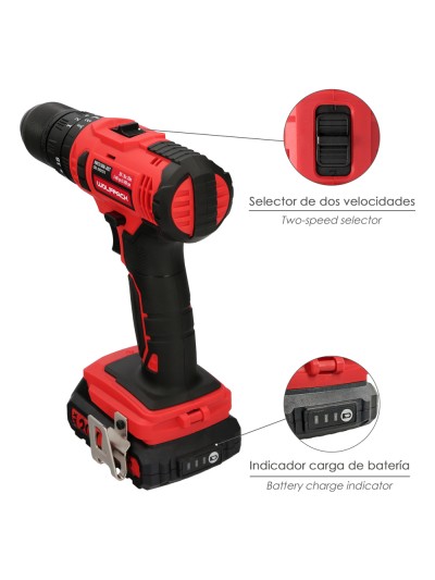 Taladro Atornillador 20 V. Con 2 Velocidades y Percutor. Bateria 2 Ah. Par Apriete 35 Nm.