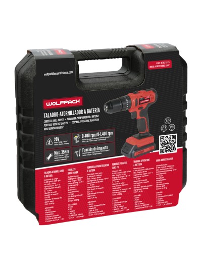 Taladro Atornillador 20 V. Con 2 Velocidades y Percutor. Bateria 2 Ah. Par Apriete 35 Nm.
