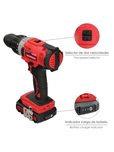 Taladro Atornillador 20 V. Con 2 Velocidades y Percutor. Bateria 2 Ah. Par Apriete 50 Nm.