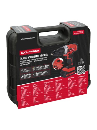 Taladro Atornillador 20 V. Con 2 Velocidades y Percutor. Bateria 2 Ah. Par Apriete 50 Nm.