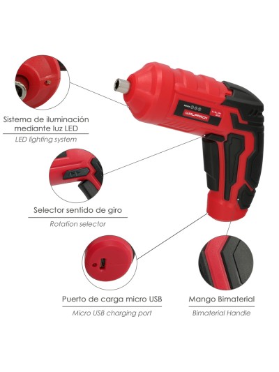 Atornillador 4 V. Con Led, Funda y 5 Destorpuntas, Bateria Recargable USB