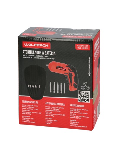 Atornillador 4 V. Con Led, Funda y 5 Destorpuntas, Bateria Recargable USB