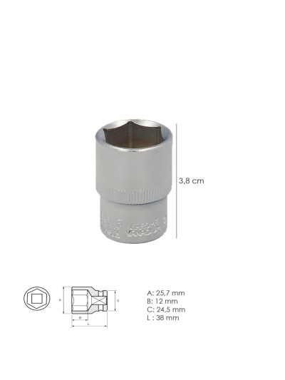 Llave Vaso 1/2" Hexagonal 20 mm. Perfil de 6 caras. Acero Cromo Vanadio, Aristas Redondas