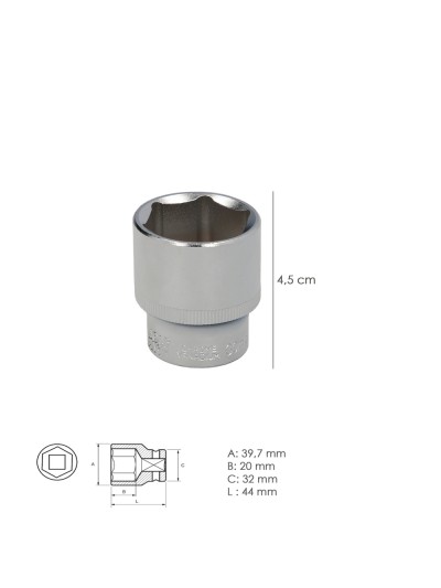 Llave Vaso 1/2" Hexagonal 30 mm. Perfil de 6 caras. Acero Cromo Vanadio, Aristas Redondas