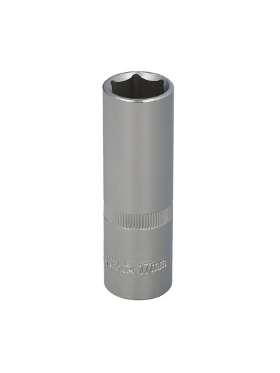 Llave Vaso 1/2" Hexagonal Larga 17 mm. Perfil de 6 caras. Acero Cromo Vanadio, Aristas Redondas