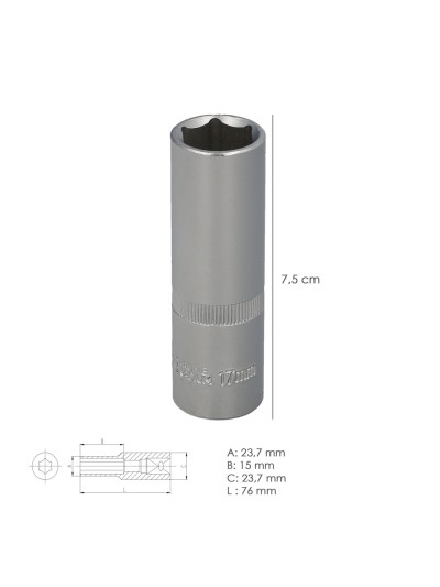 Llave Vaso 1/2" Hexagonal Larga 17 mm. Perfil de 6 caras. Acero Cromo Vanadio, Aristas Redondas